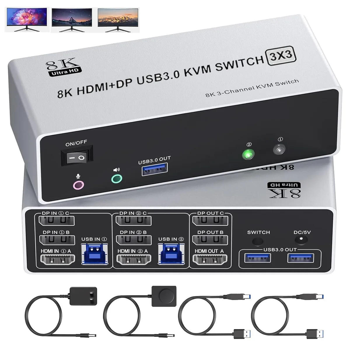 AUTYUE AUTYUE KVM Switch 3 Monitors 2 Computers 8K@30Hz/4K@120Hz HDMI 2.1 + 2 DP 1.4 USB 3.0 Wired Remote — product photo