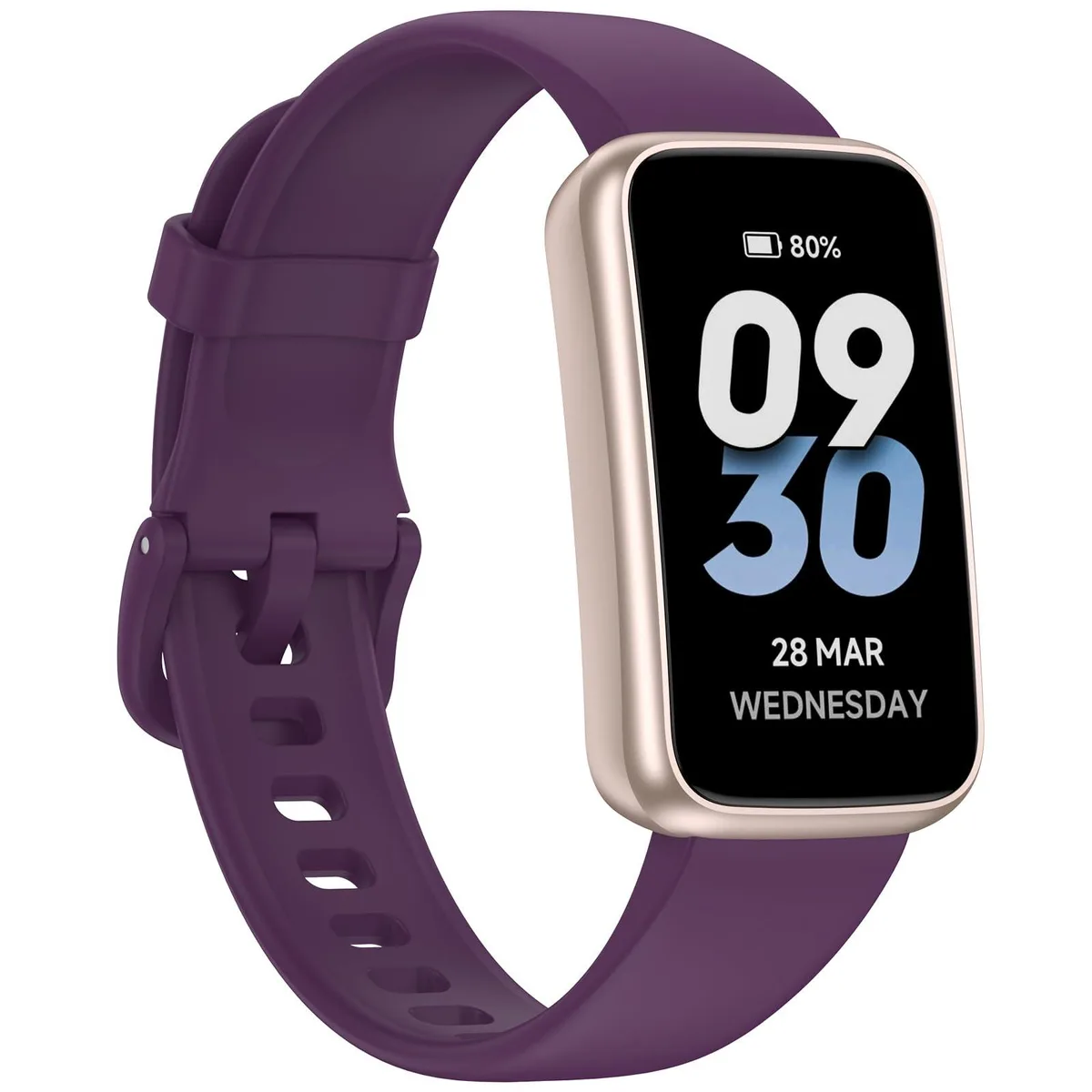 Purple smart watch with analog-digital display and button controls