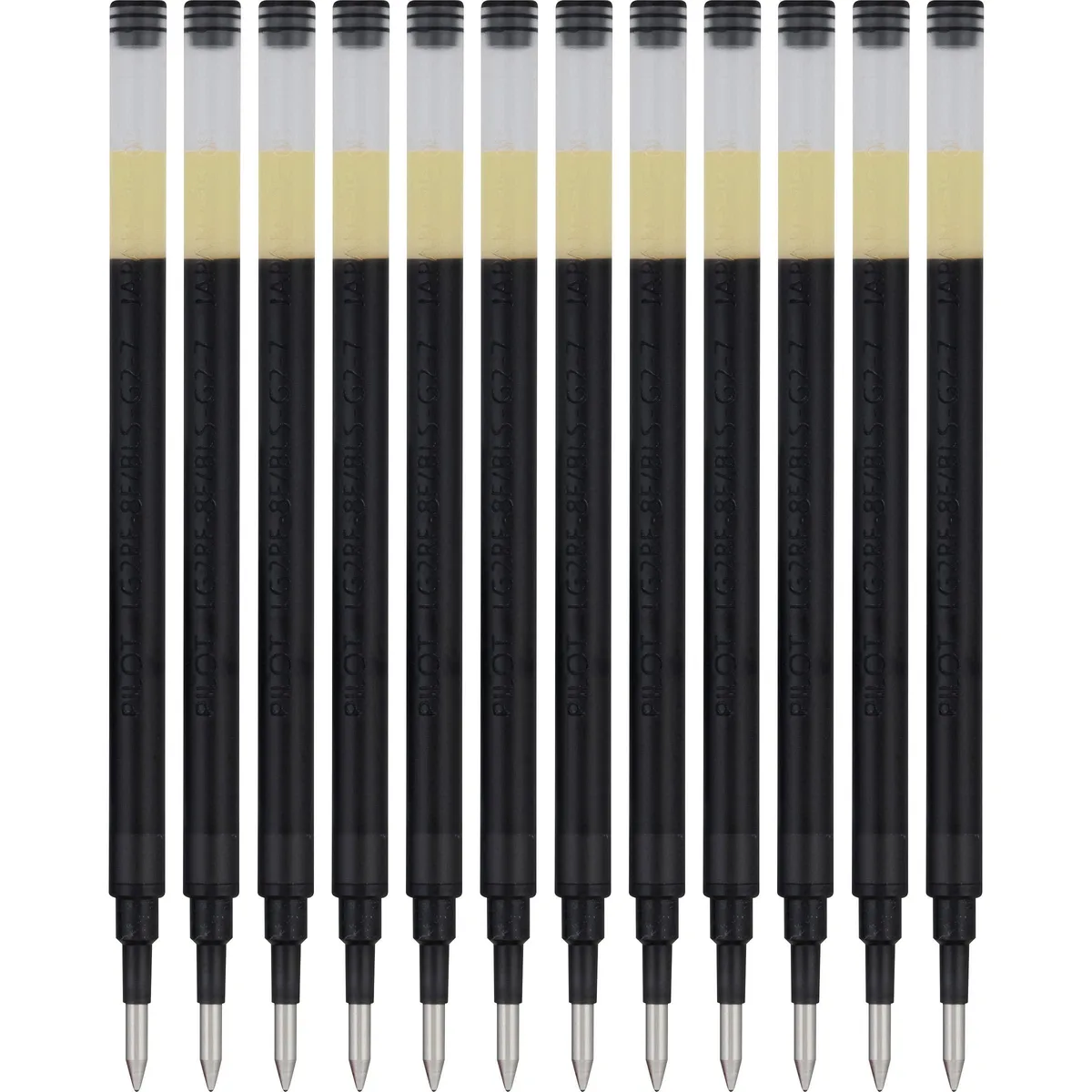 Twelve black gel ink refills in a clear pack, fine point seven millimetres