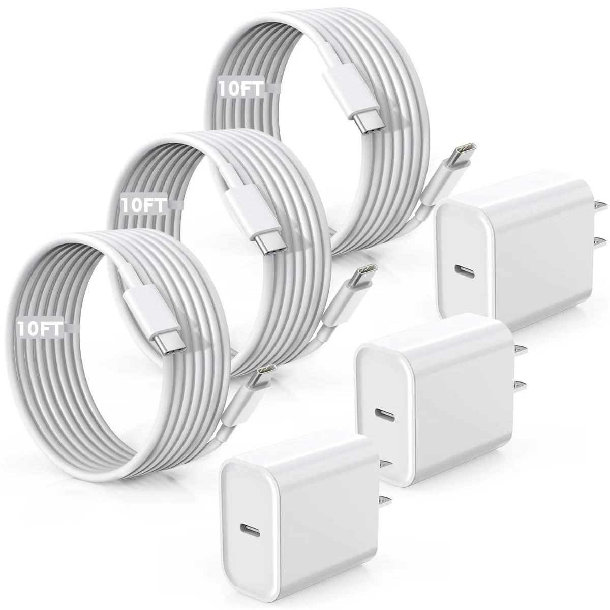 Audiovox - Generic Audiovox - Generic 20W USB-C Charger 3-Pack 10ft Cable White — product photo