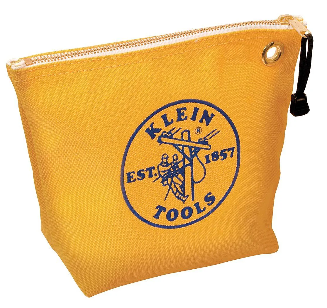 Klein Tools 5539 yellow canvas tool bag, flat zippered rectangle with gusseted bottom and brass grommet