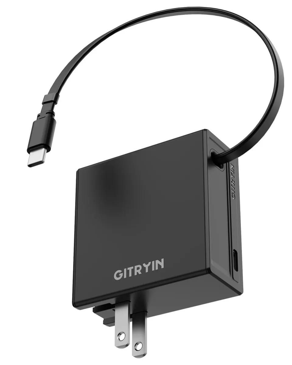 Black 65W USB-C wall charger with retractable cable and foldable plug