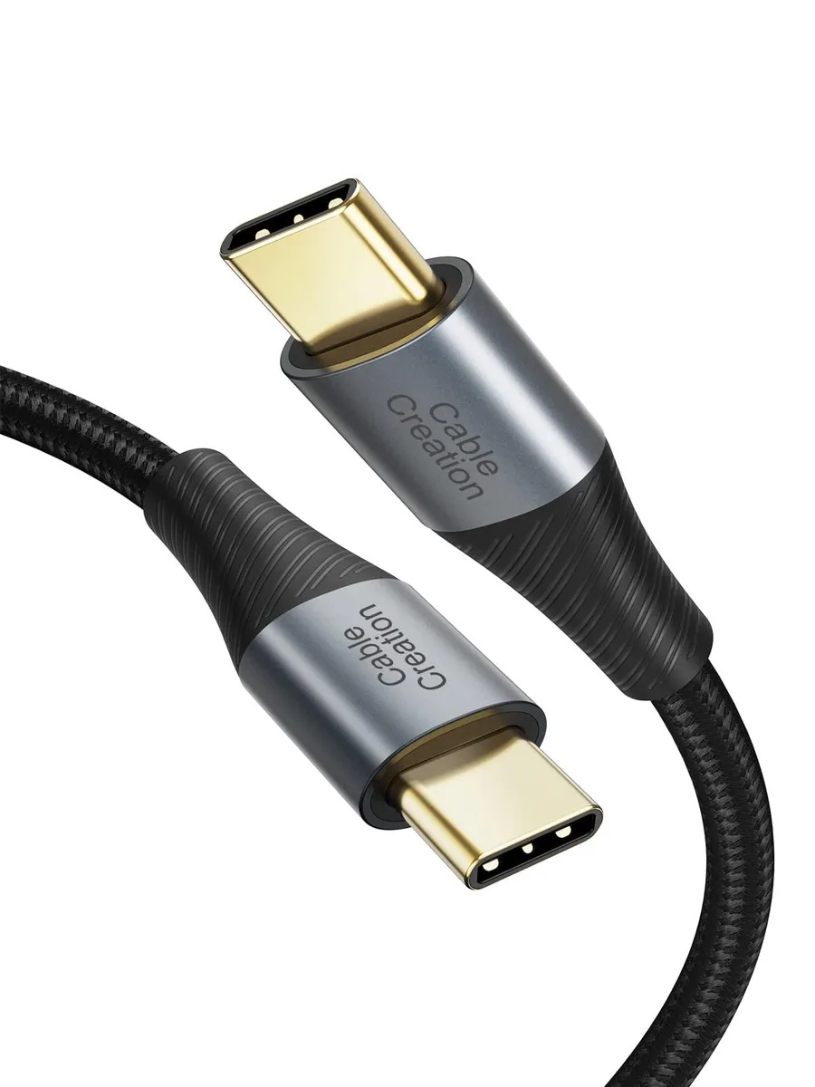 Black braided USB-C to USB-C cable with gold-plated connectors, 10ft long