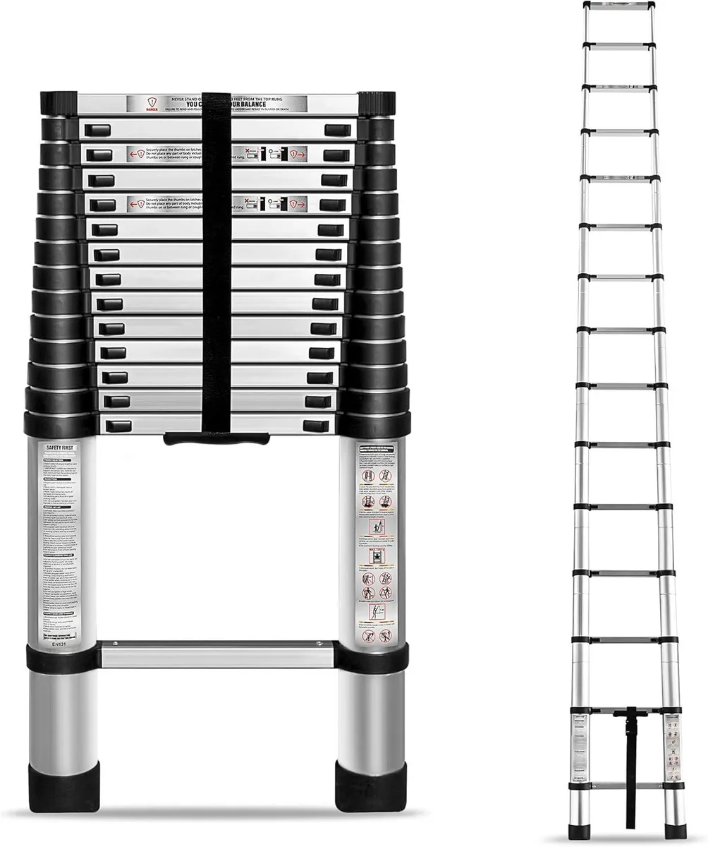 Silver aluminium telescopic ladder collapsed to compact size
