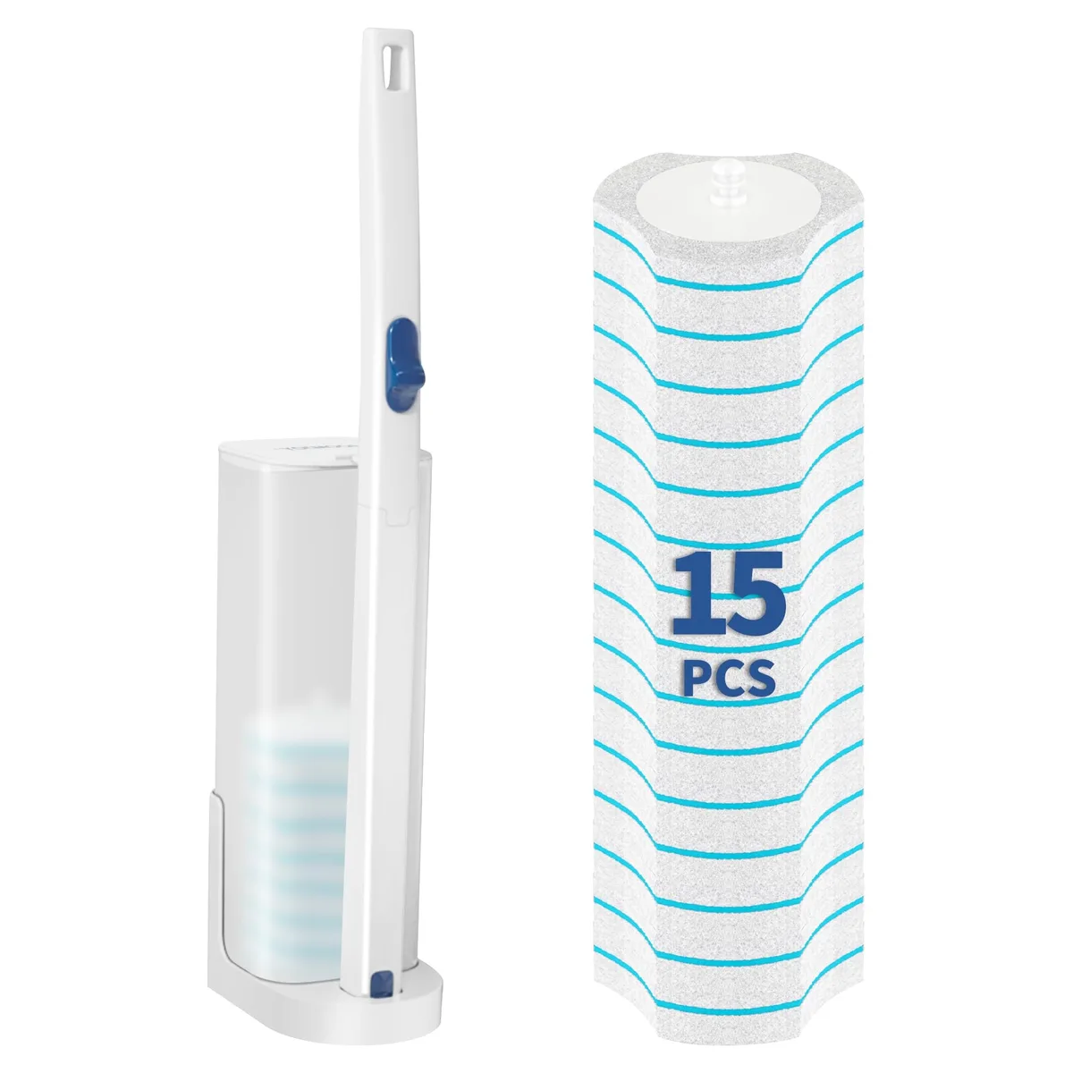 White plastic wand handle with click-on head, wall-mounted holder and fifteen disposable refill heads
