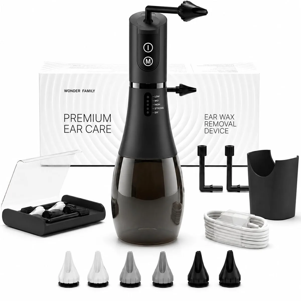 Brown electric ear cleaner kit with nozzles, basin, cable and storage bag