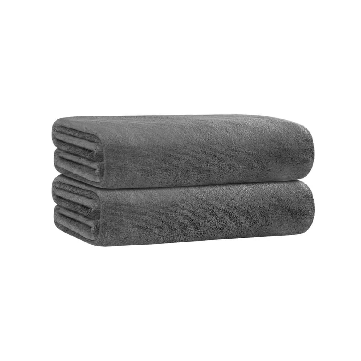 Two folded grey microfibre bath towels, 30 by 60 inches