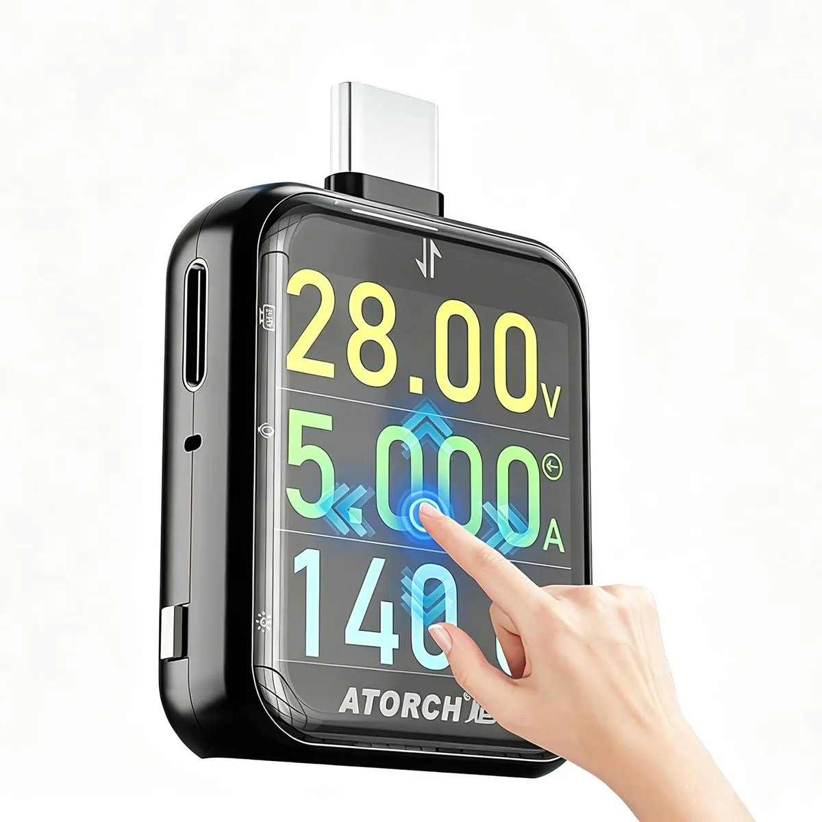 Compact USB-C power meter with capacitive touch screen displaying voltage and current readings