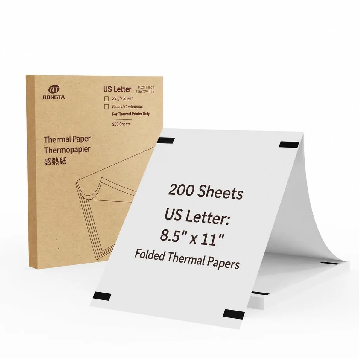 White thermal printer paper, 8.5 x 11 inches, 200 sheets in pack