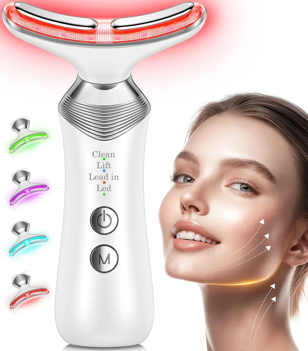 Blue handheld facial massager with curved silver head