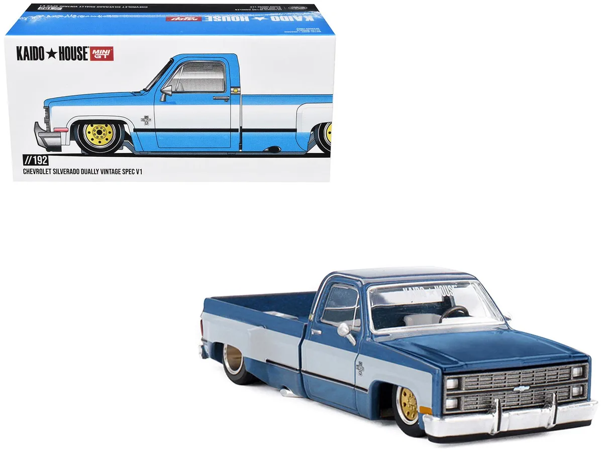 True True Chevrolet Silverado Dually Truck Vintage Spec V1 Light Blue Metallic White 1/64 Diecast — product photo