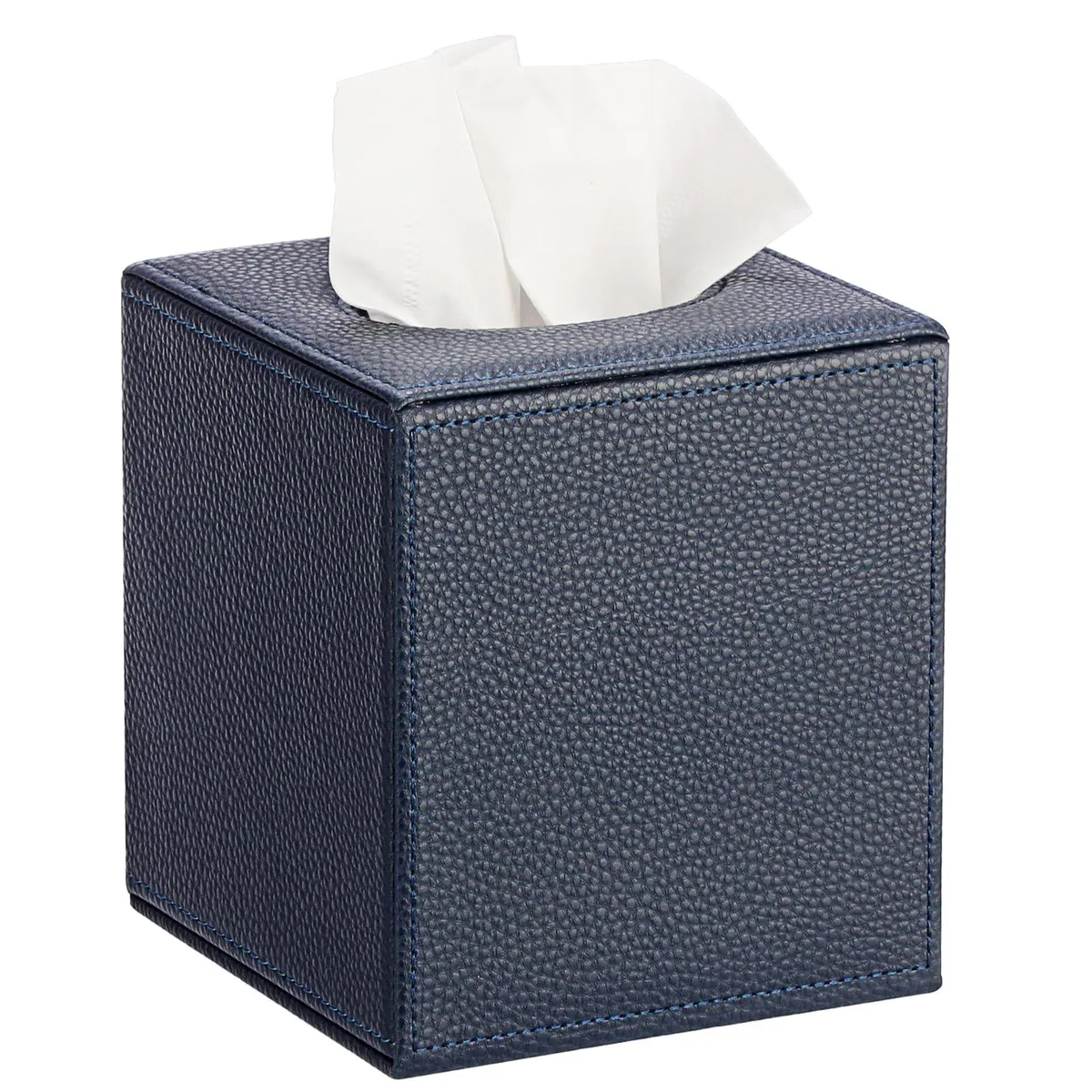 Navy blue square tissue box cover with lychee-pattern faux leather and magnetic bottom