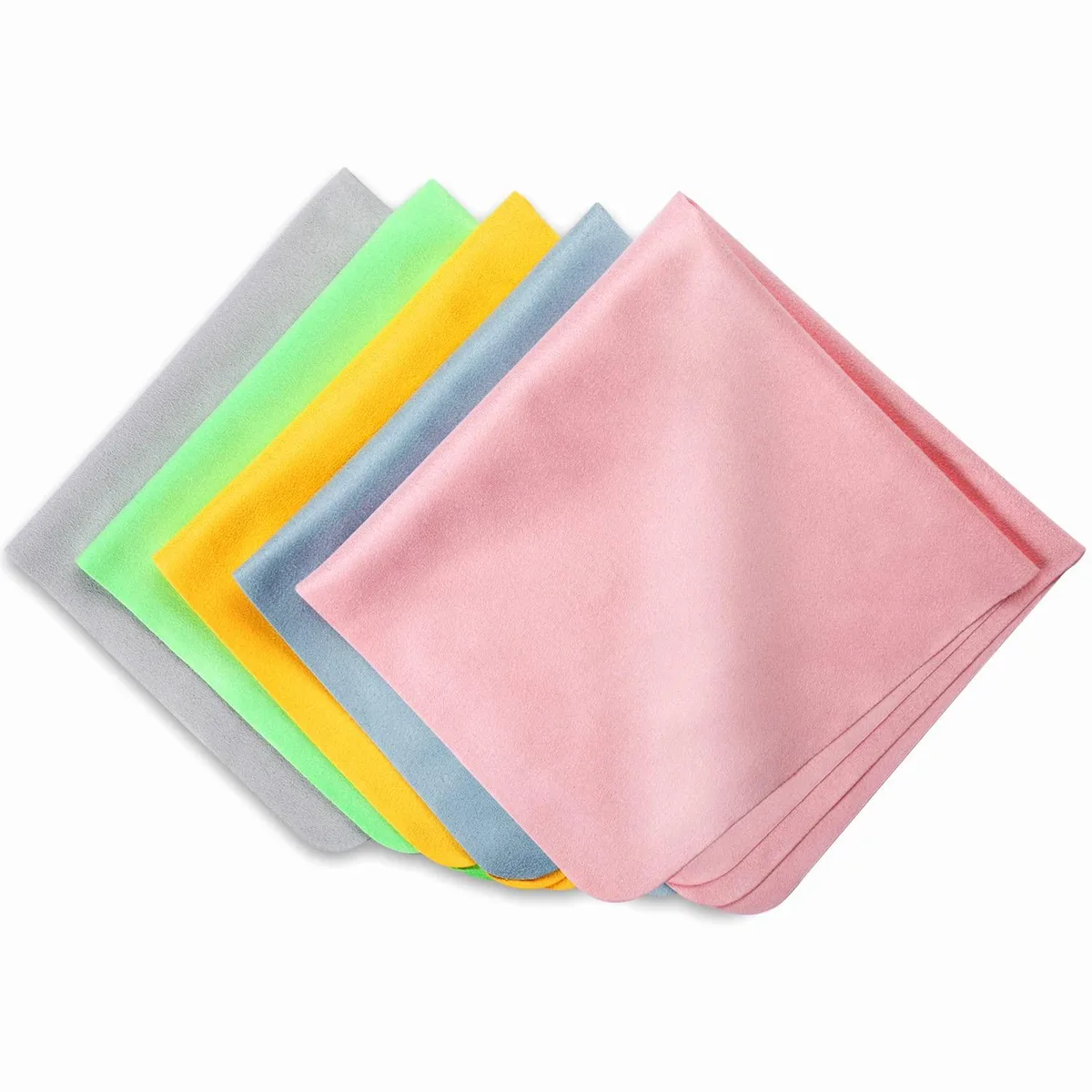 Five 12-inch square microfiber cloths in yellow, light green, grey, pink and blue