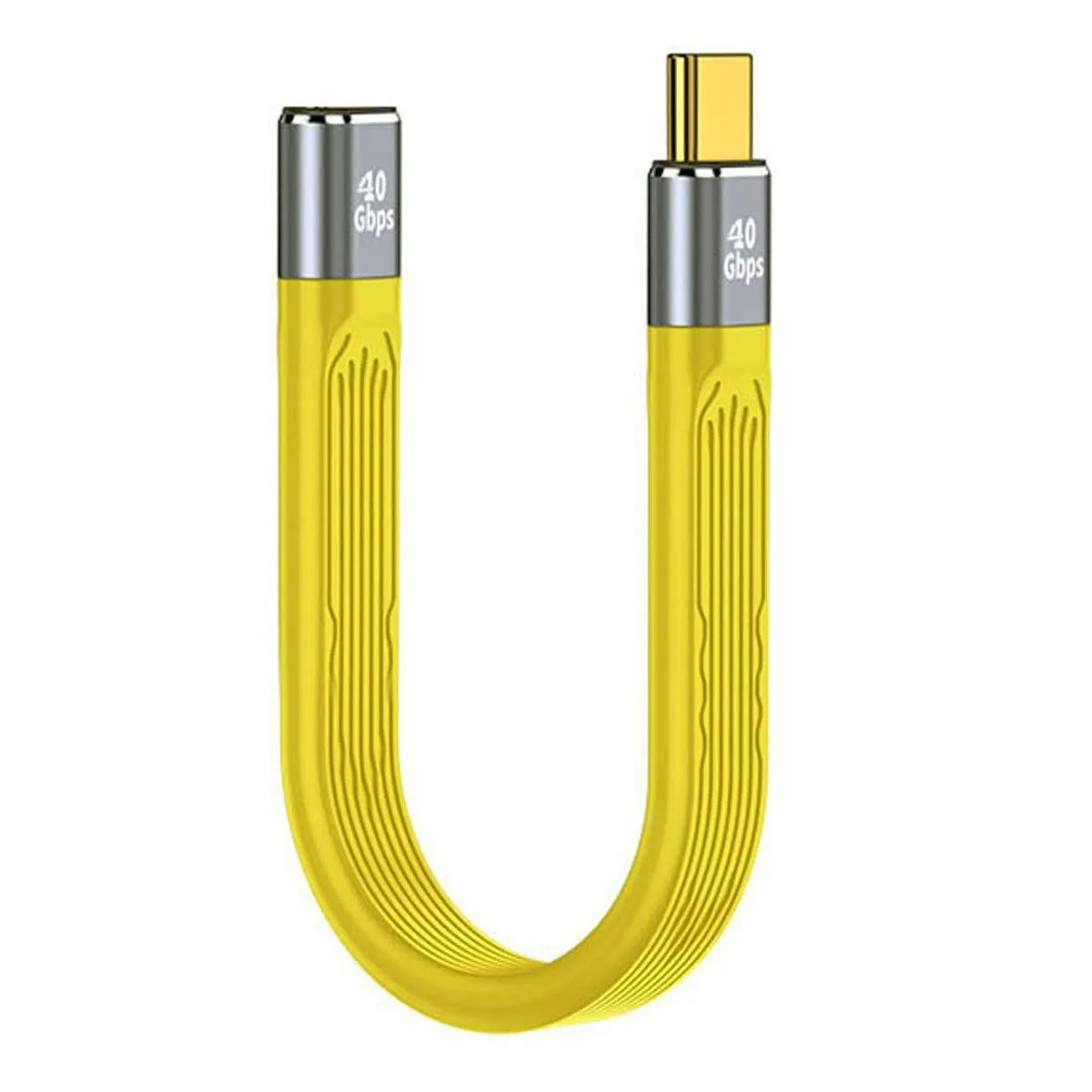 Short yellow USB-C extension cable with flat alloy-sheathed body and reversible male-to-female connectors