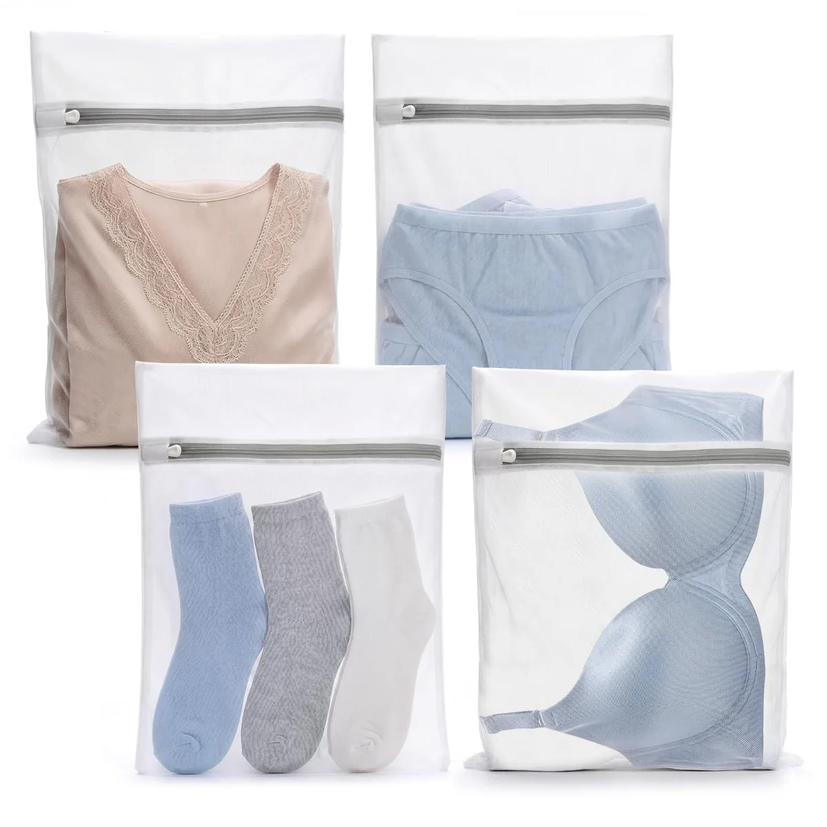 Four beige fine-mesh laundry bags with zippers, 12 by 16 inches