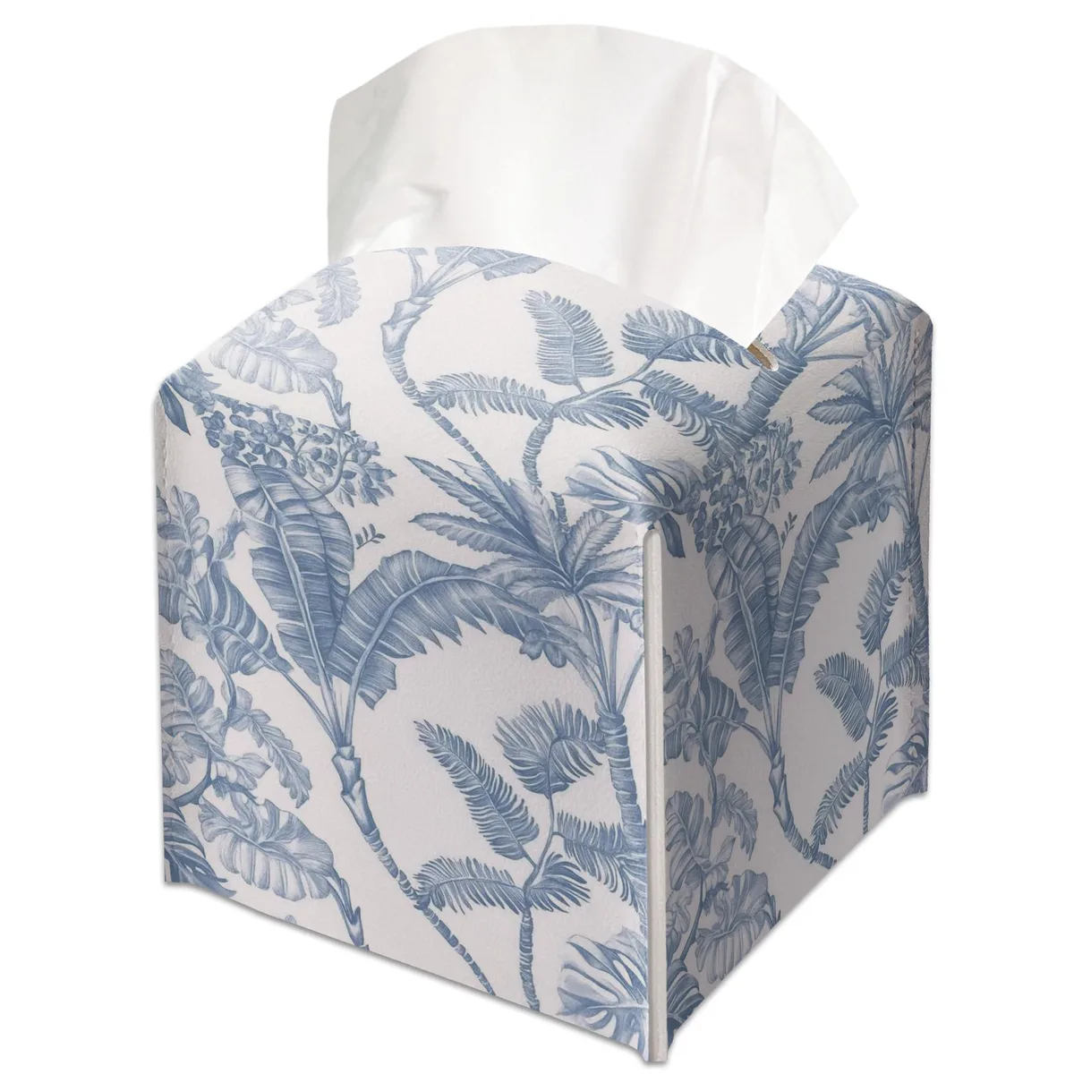 Square blue leather tissue box cover with watercolour jungle pattern and Velcro closure