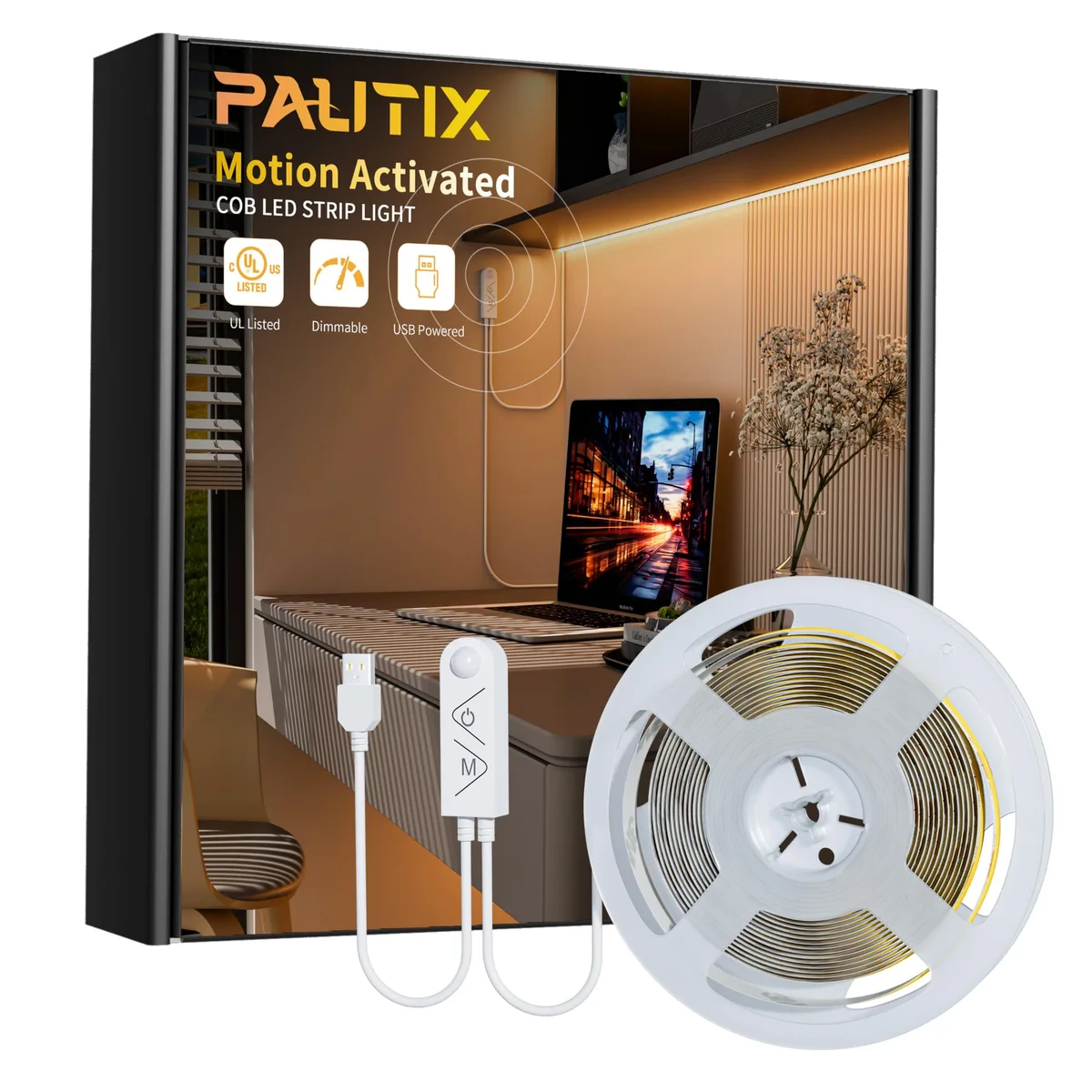 A 2 m warm-white COB LED strip on a reel with USB cable and motion sensor controller