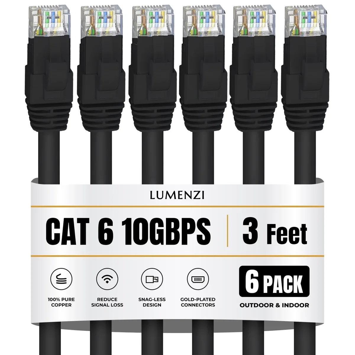 Lumenzi Lumenzi Cat 6 Ethernet Cable 3 FT Black 6 Pack 10 Gbps 550 MHz — product photo