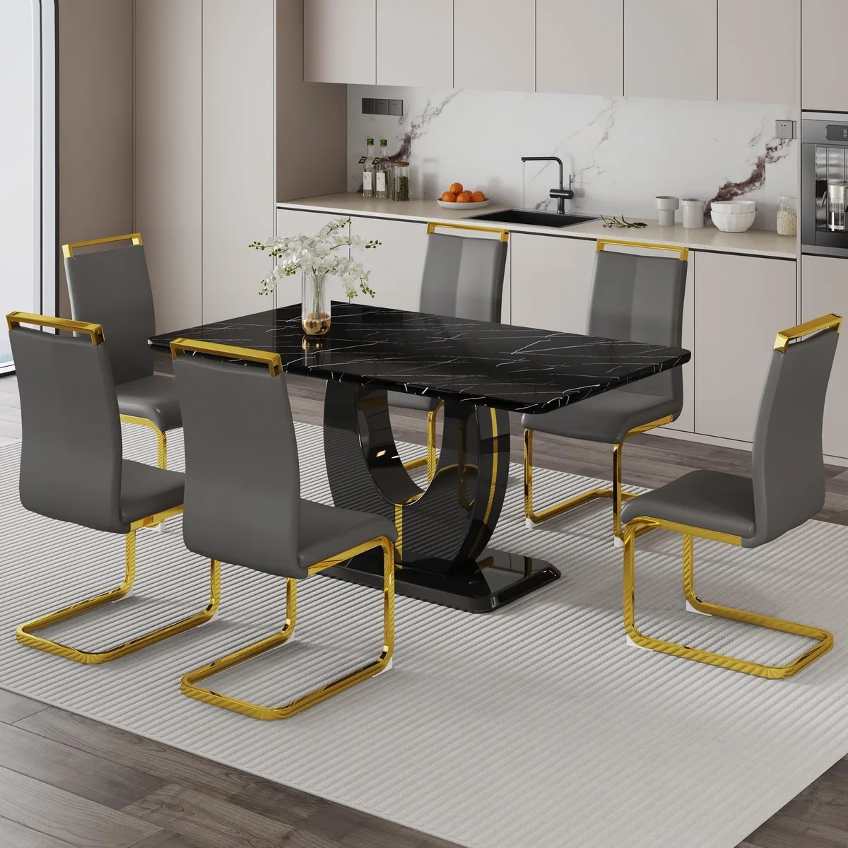 Sumdeal Sumdeal 63" 7-Piece Dining Set Black Faux Marble Table 6 Gray C-Shape Chairs Golden Legs — product photo