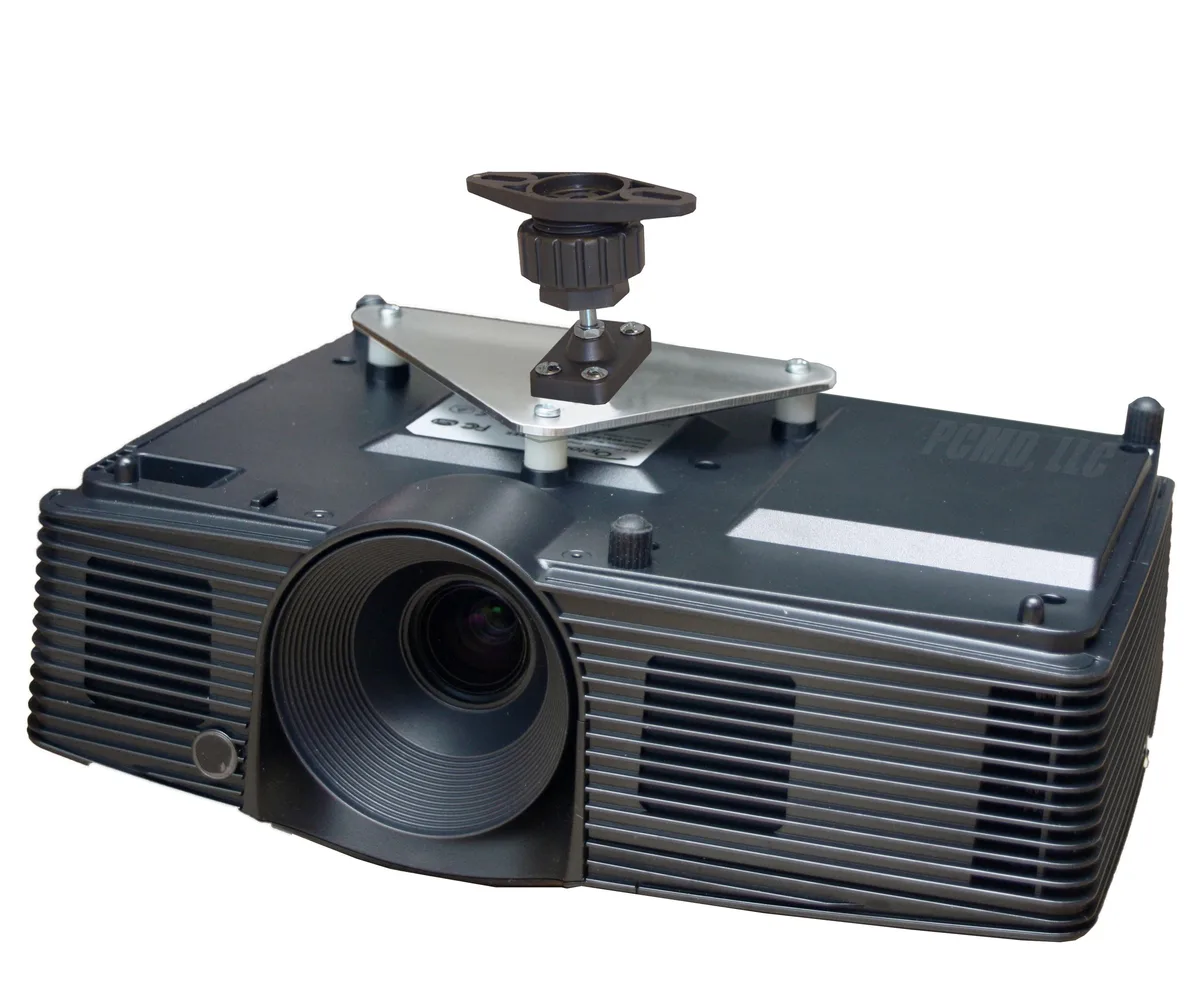 Silver aluminium projector ceiling mount with adjustable swivel arm, shown without projector