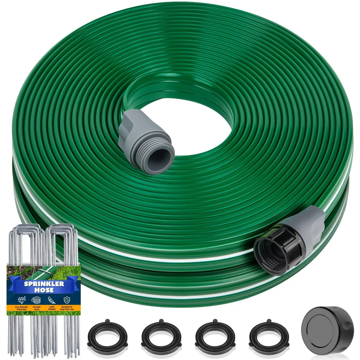 Flat green 50 ft sprinkler soaker hose with 20 staples