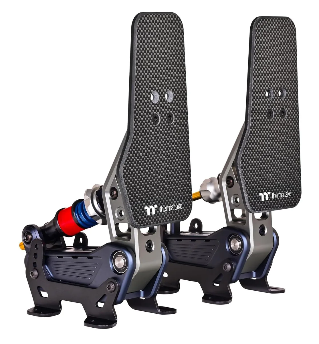Black three-pedal sim racing set with carbon fibre throttle and brake plates, CNC aluminium base, load cell brake and adjustable angles
