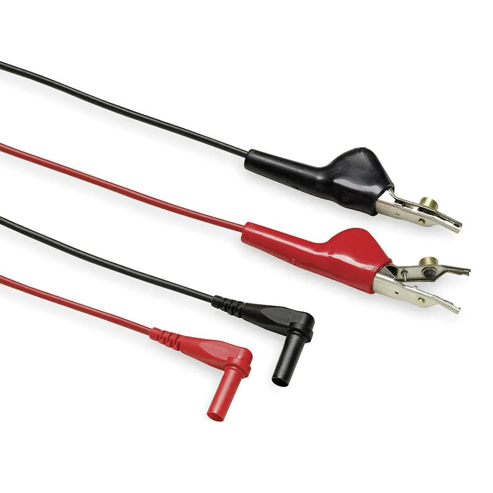 Pair of black and red test leads with right-angle shrouded plugs and notched alligator clips