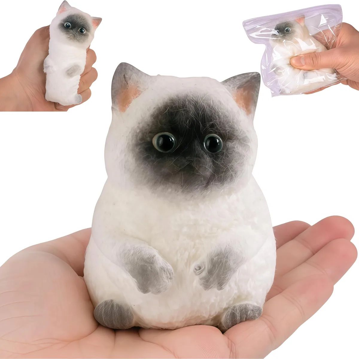 Small Siamese cat squishy toy, 3.4 inch tall, soft plastic finish