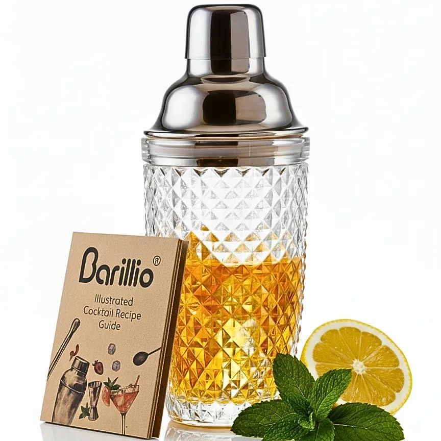 Clear 14 oz glass cobbler shaker with silver cap and built-in strainer