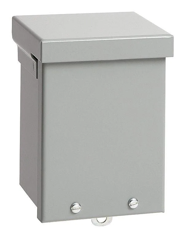 Gray galvanized steel electrical enclosure with screw-on solid cover and captive screws