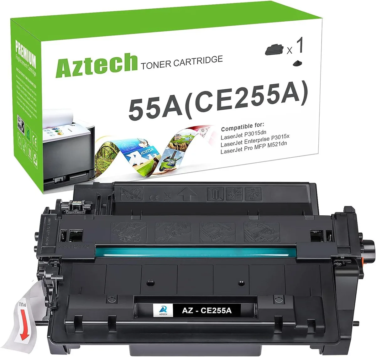 Black toner cartridge in rectangular plastic housing with green roller visible