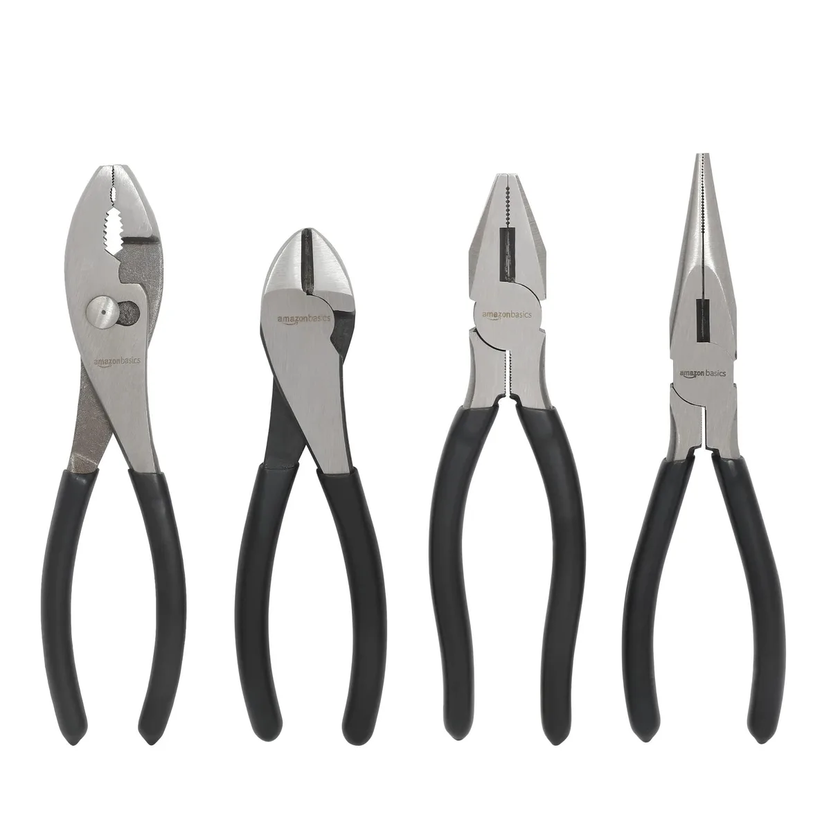 Black and silver four-piece pliers set with plastic handles