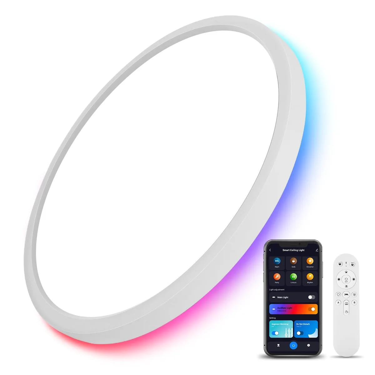 White 12-inch flush-mount LED ceiling light with clear prismatic acrylic diffuser and remote control