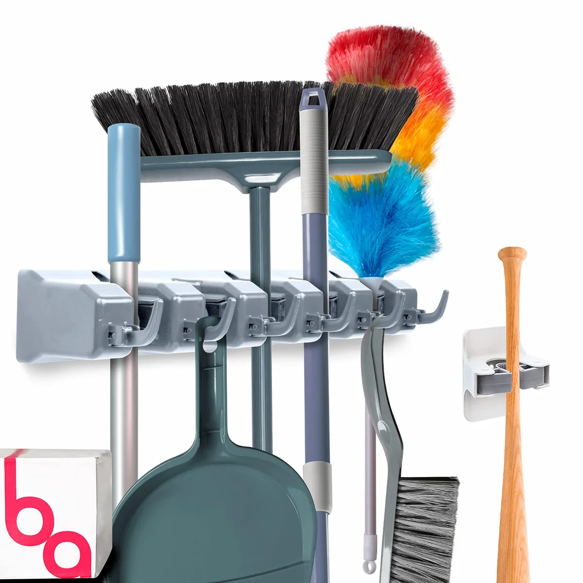 Grey and white plastic wall-mounted broom holder with five silicone gripper slots, 15.5 inches wide