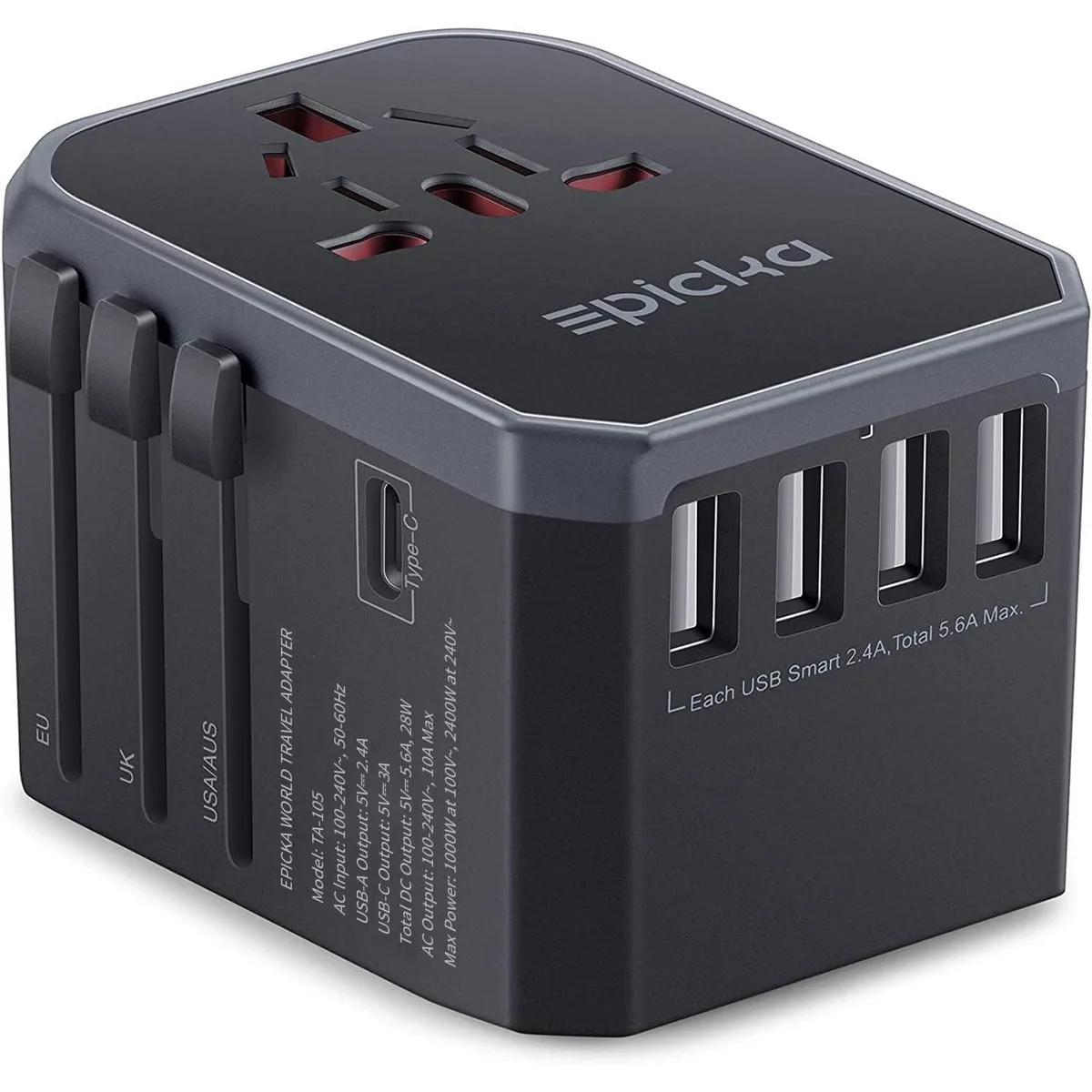  Epicka TA-105 travel adapter USB-C 4 USB-A Grey — product photo