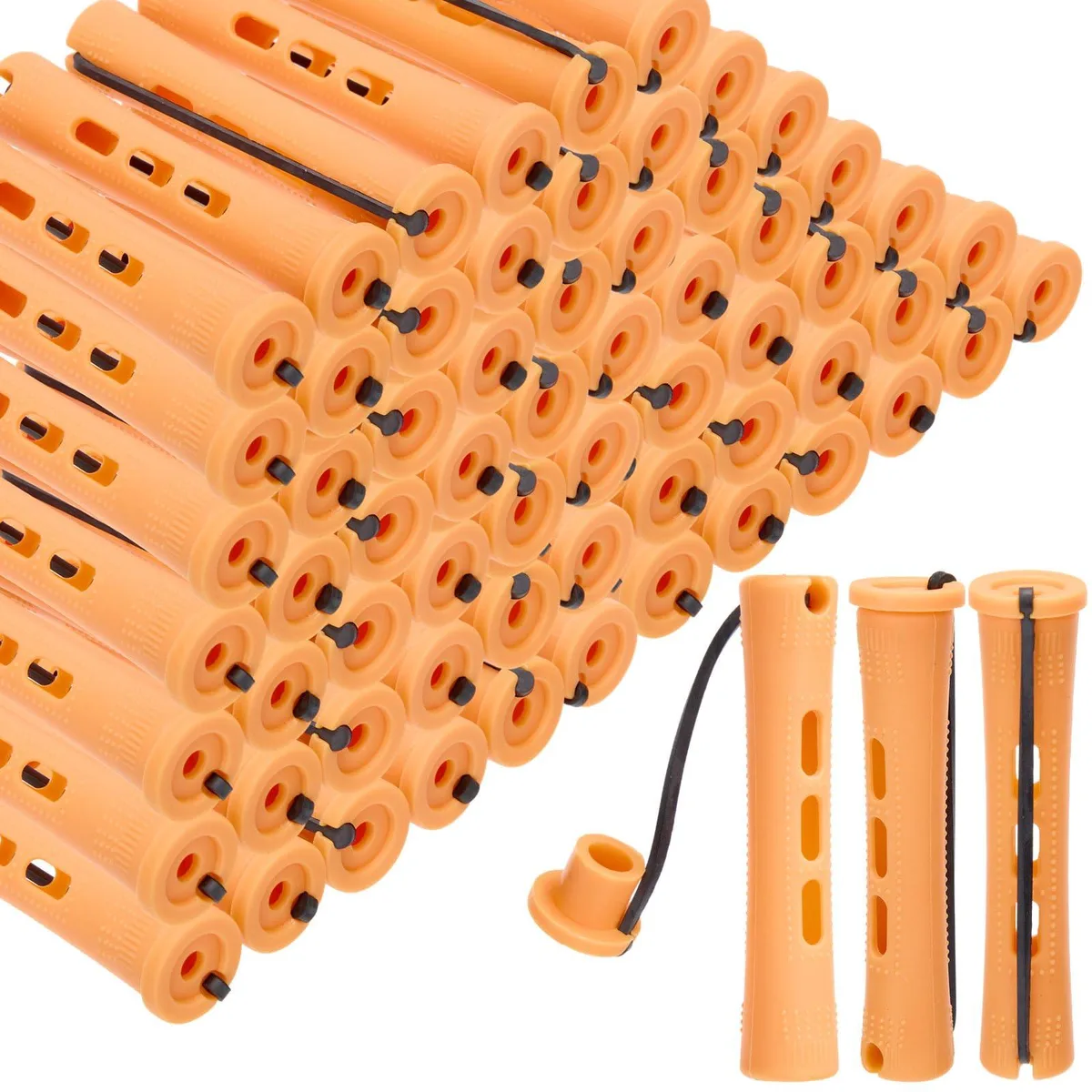 Sixty orange plastic perm rods with rubber bands in a rectangular box