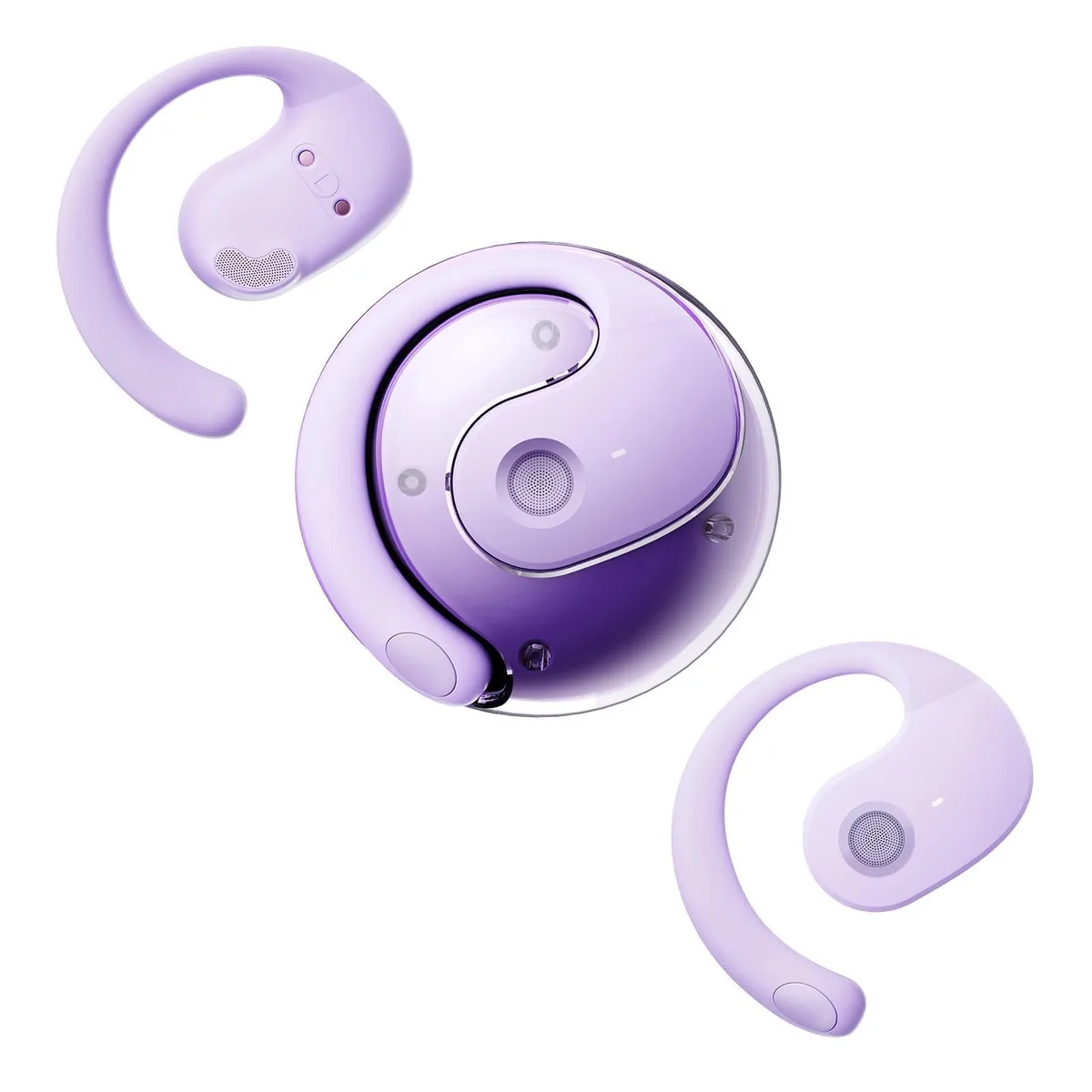 Purple open-ear bone conduction headphones with over-ear hooks