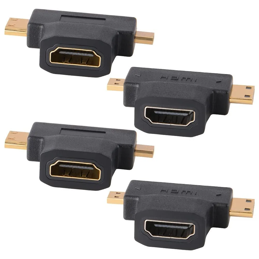 Four black T-shaped HDMI adapters with gold connectors