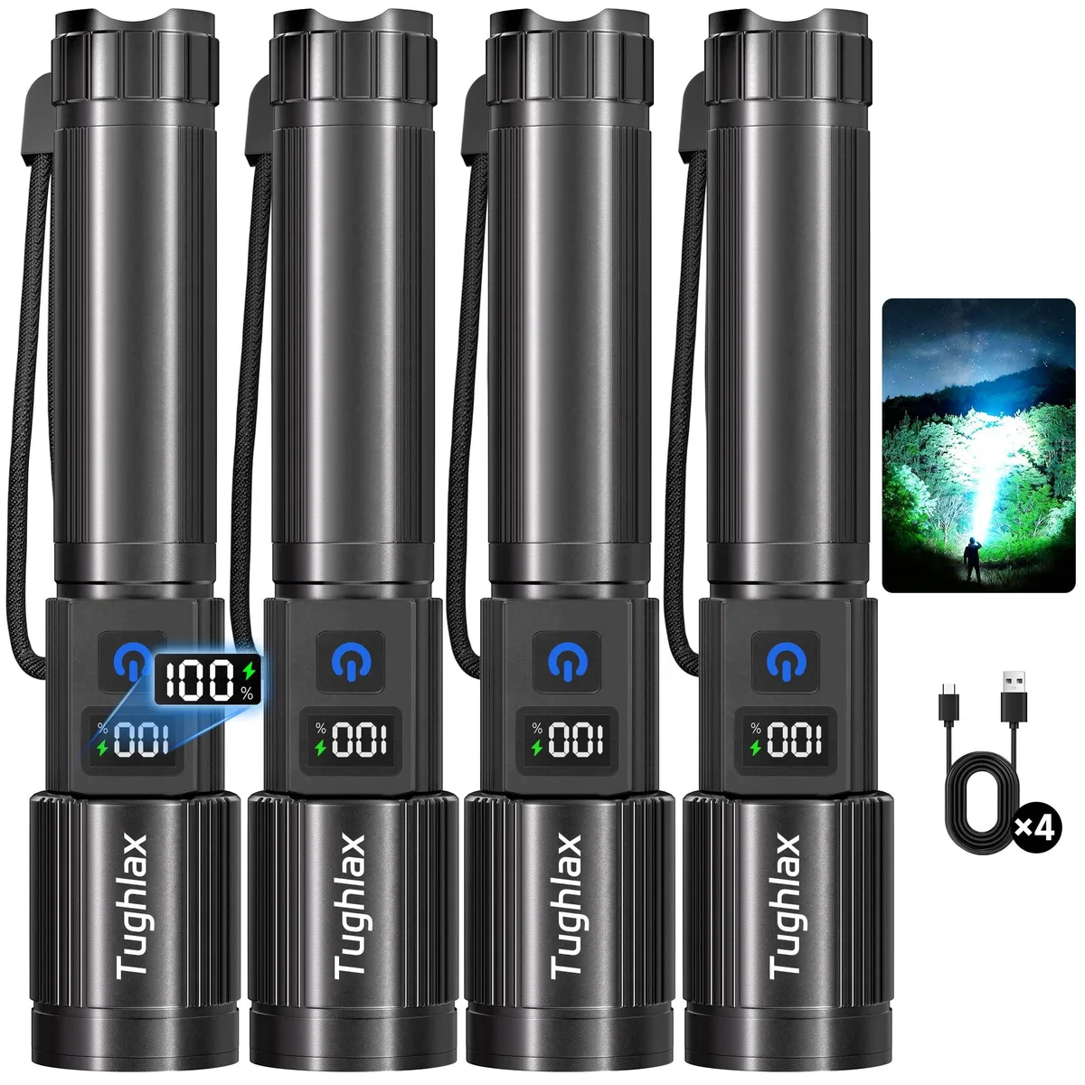 Four cylindrical aluminium flashlights with LCD power displays and lanyards