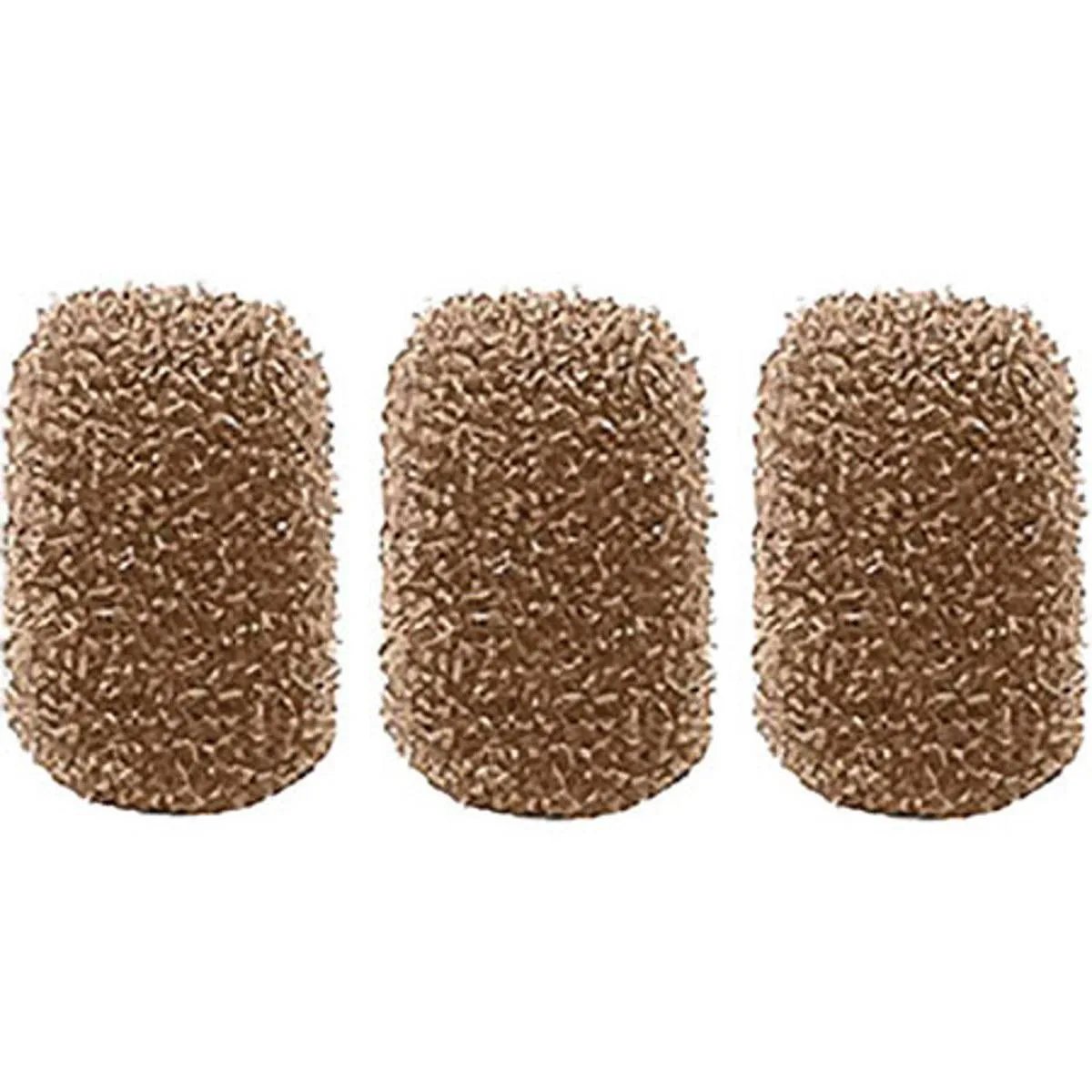 Three tan foam microphone windscreens in a pack