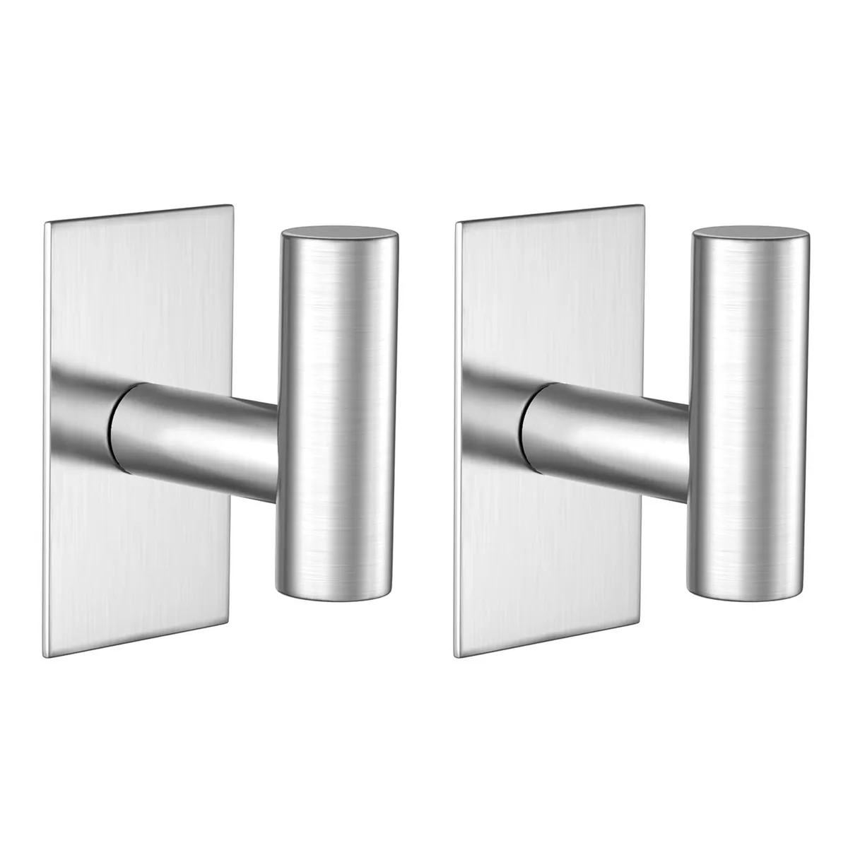 Two silver stainless steel adhesive hooks with smooth curved form and brushed finish