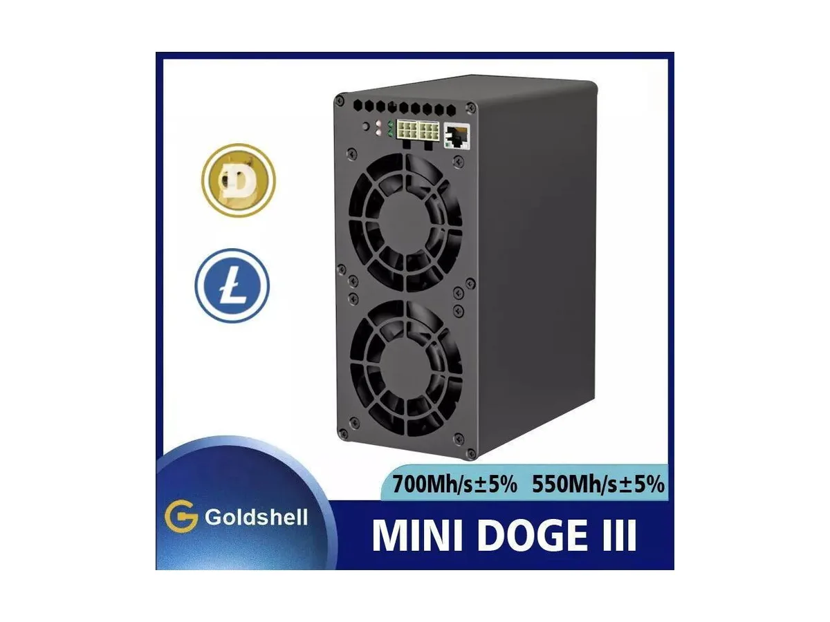 Compact rectangular ASIC miner in matte grey metal with front grille, rear dual 6-pin power ports and Goldshell branding