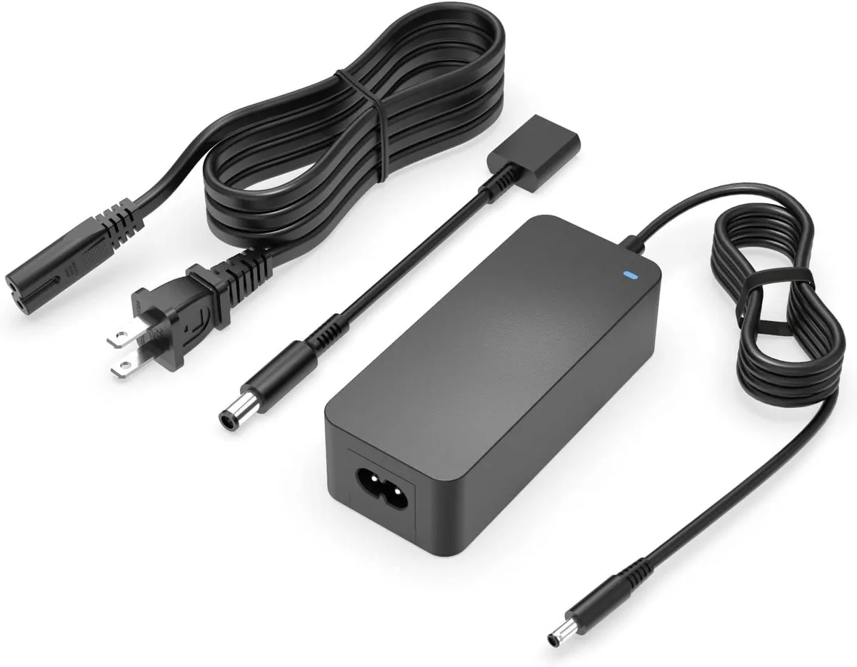 Black rectangular AC adapter with detachable power cord and converter tip