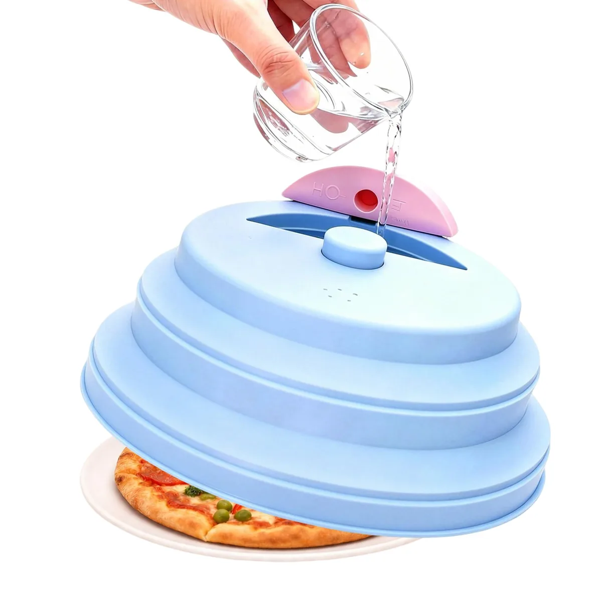 Collapsible 10 inch silicone microwave cover with water steamer rim in blue and pink