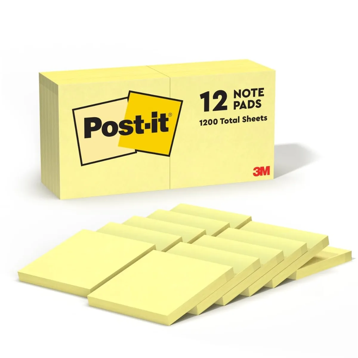 Twelve square pads of bright Canary Yellow sticky notes, each pad a 3-inch stack of 100 sheets