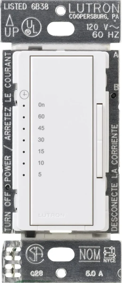 White rectangular timer switch with push-button controls and screw terminals, surface-mount design measuring 1.5 by 2.2 by 4 inches
