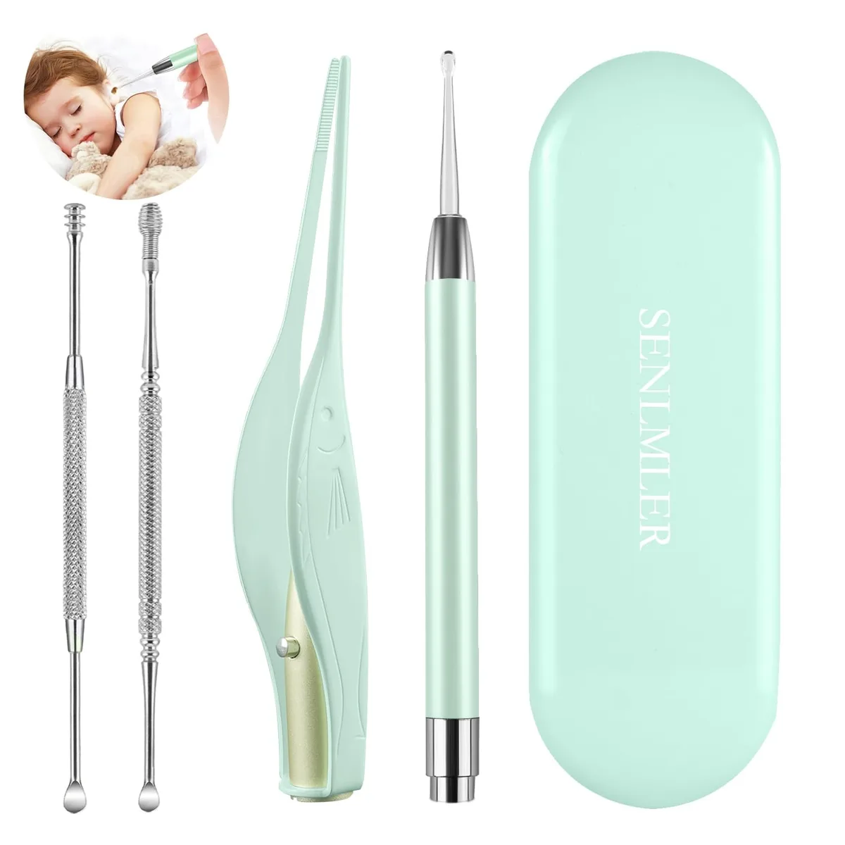 Green ear-care kit with lighted pick tweezers spiral spoon spring spoon metal box
