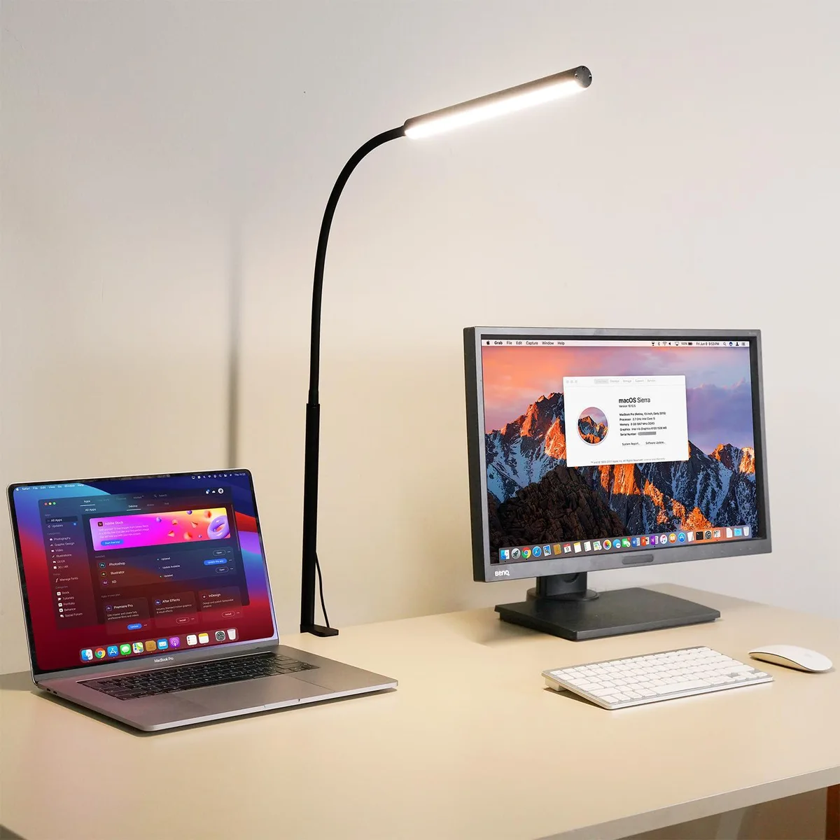 Tall silver gooseneck desk lamp with clamp base and rotatable LED head