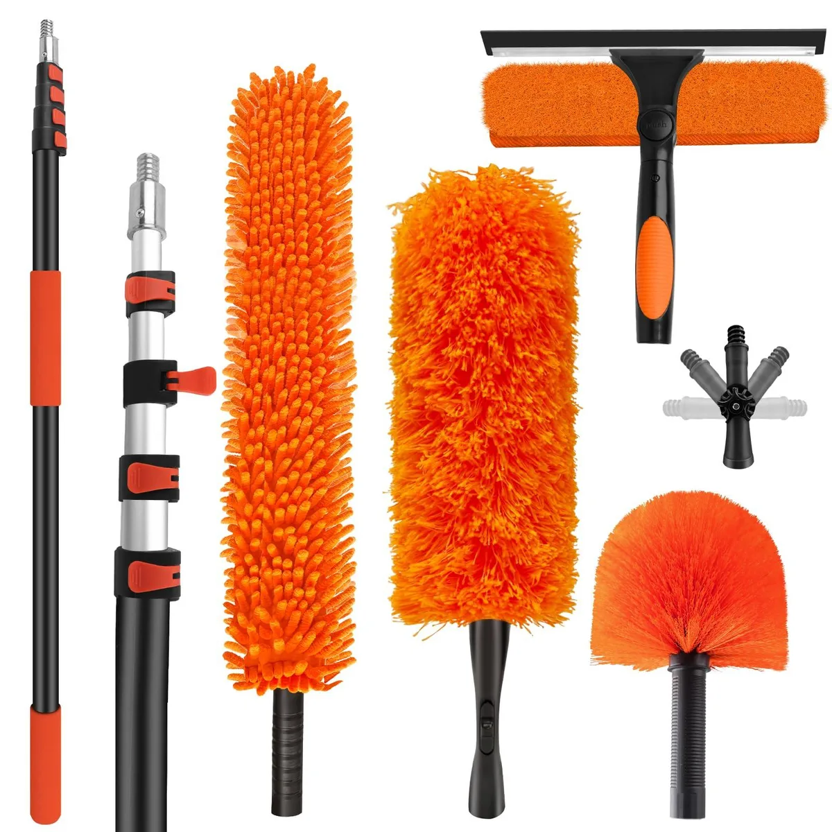 Black telescopic pole with microfiber feather duster, cobweb brush, ceiling fan duster and squeegee head attached