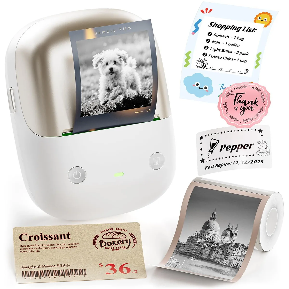 Compact white label printer with rounded edges and a small display